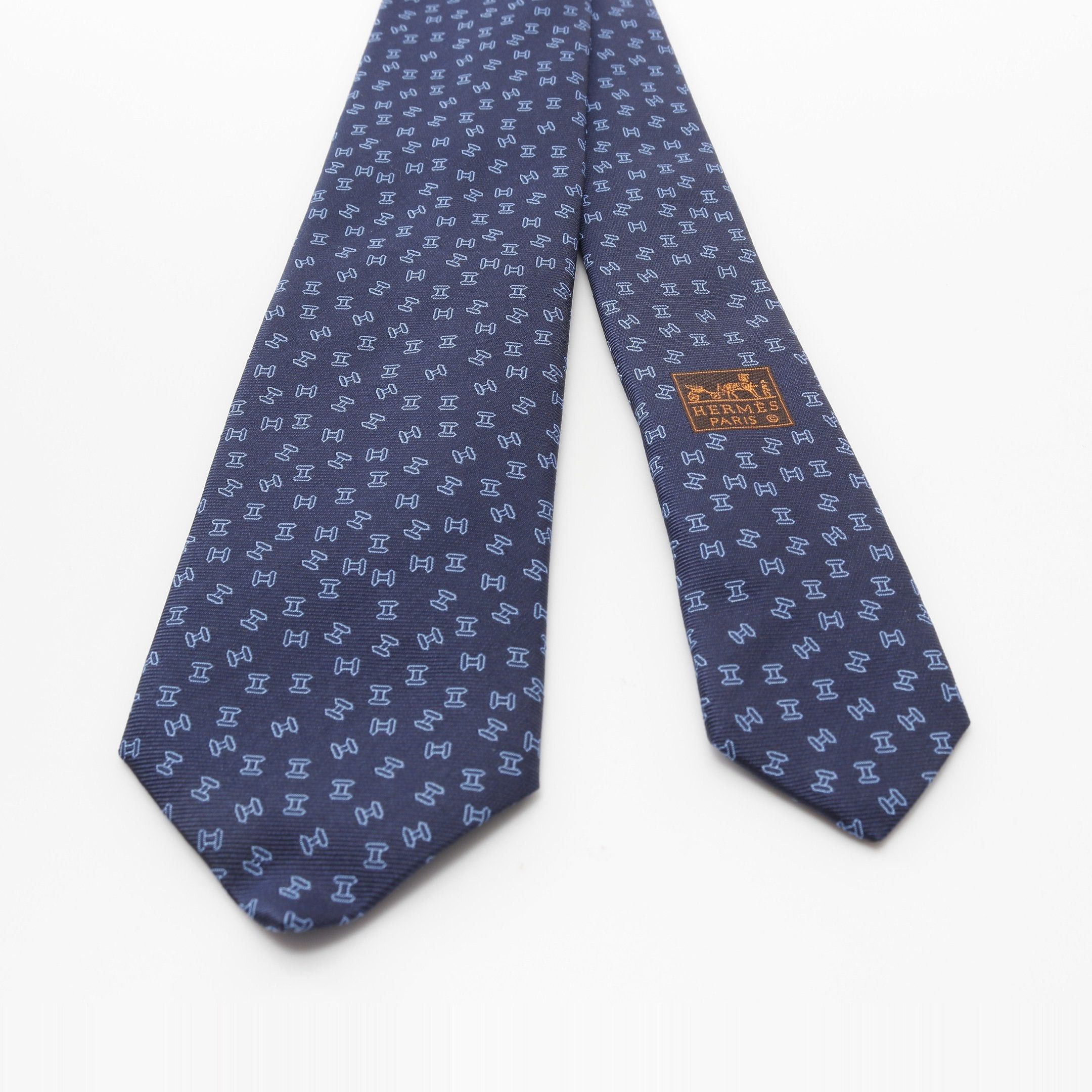 Hermes Hermes H Pattern Tie Silk Navy Blue Size ONE SIZE - 2 Thumbnail