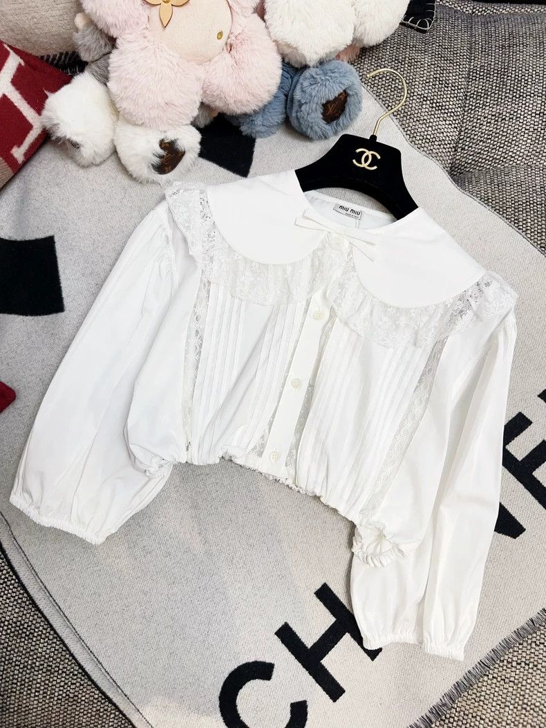 Miu Miu Miu Miu White Lace Collar High Waist Shirt Size M / US 6-8 / IT 42-44 - 7 Thumbnail