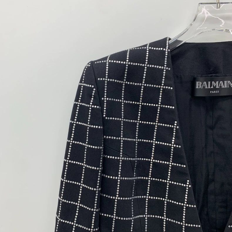 Balmain Balmain Black Checkered Cotton Blazer V-Neck Size M / US 6-8 / IT 42-44 - 3 Thumbnail