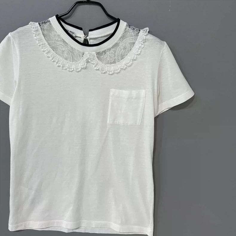 Miu Miu Lace Collar White T-Shirt from MIUMIU Size S / US 4 / IT 40 - 2 Thumbnail
