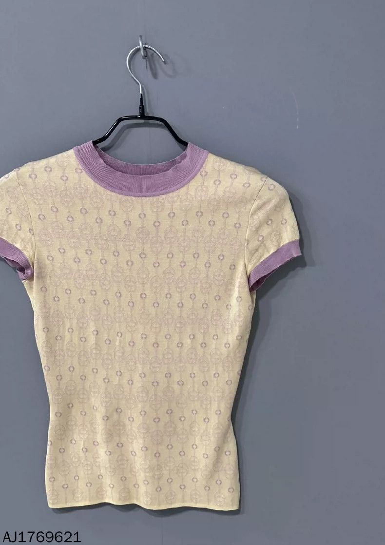 Hermes Knitted Short Sleeve Top with Purple Trim Size XS / US 0-2 / IT 36-38 - 2 Thumbnail