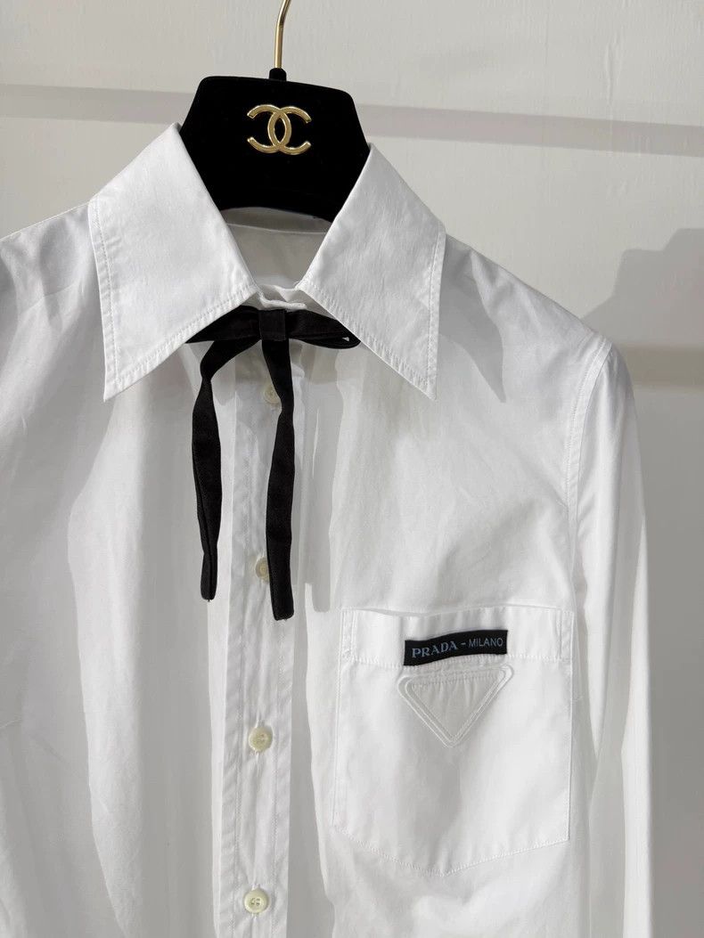 Prada Prada Logo White Shirt with Bow Tie Size S / US 4 / IT 40 - 3 Thumbnail