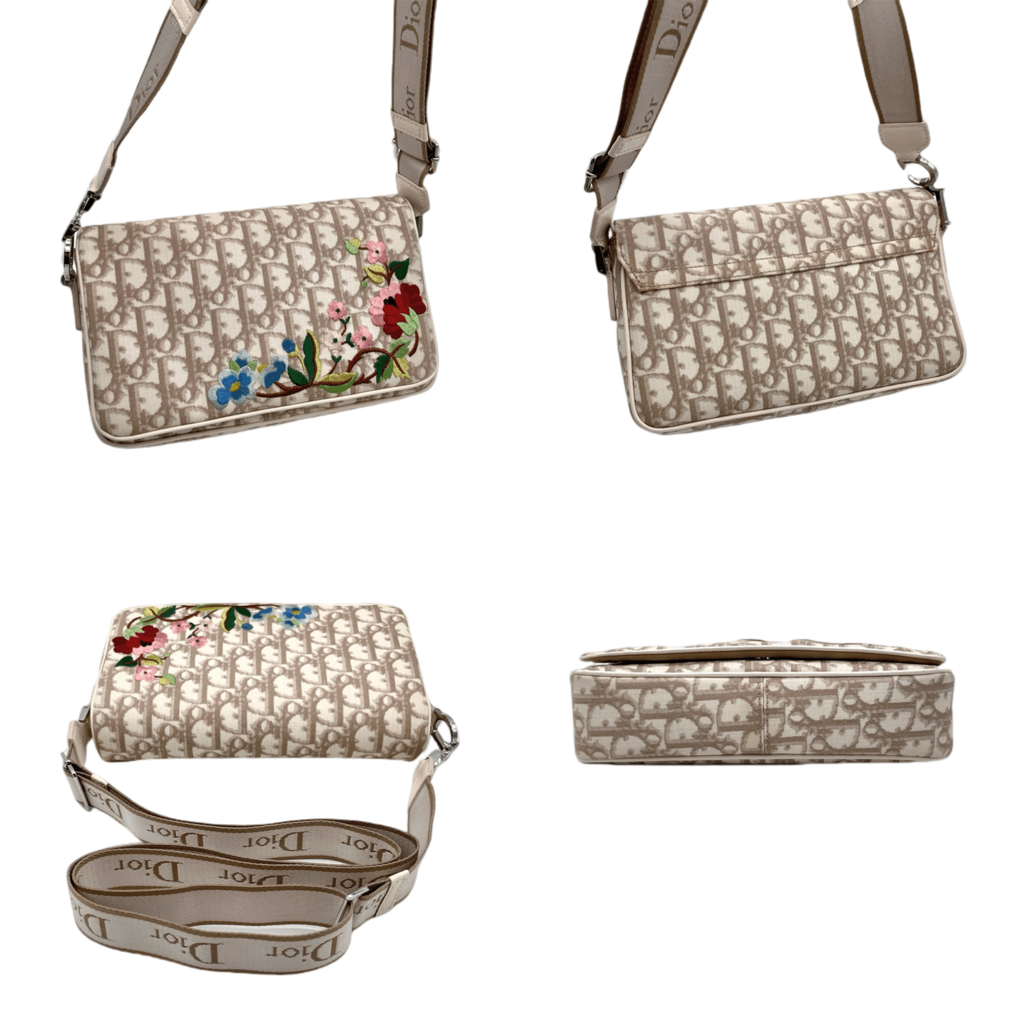 Dior Christian Dior Trotter/Obrique Flower Embroidery Shoulder Bag Beige Size ONE SIZE - 7 Thumbnail