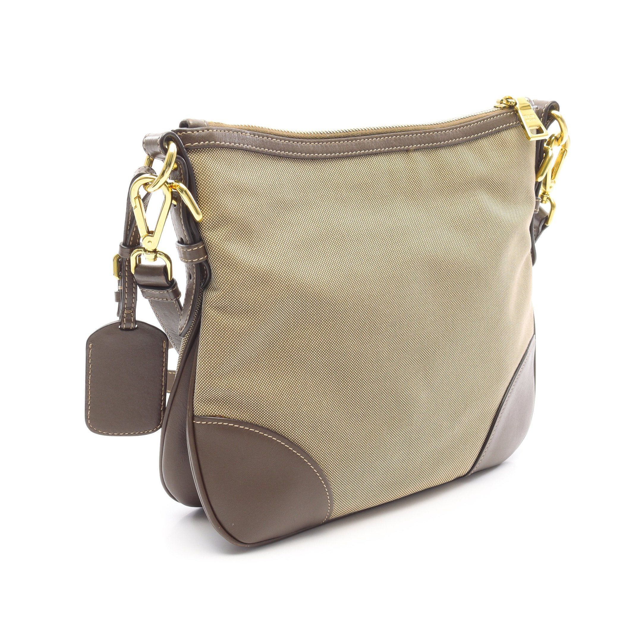 Prada Prada Logo Jacquard Shoulder Bag Canvas Leather Beige Dark Brown Size ONE SIZE - 2 Thumbnail