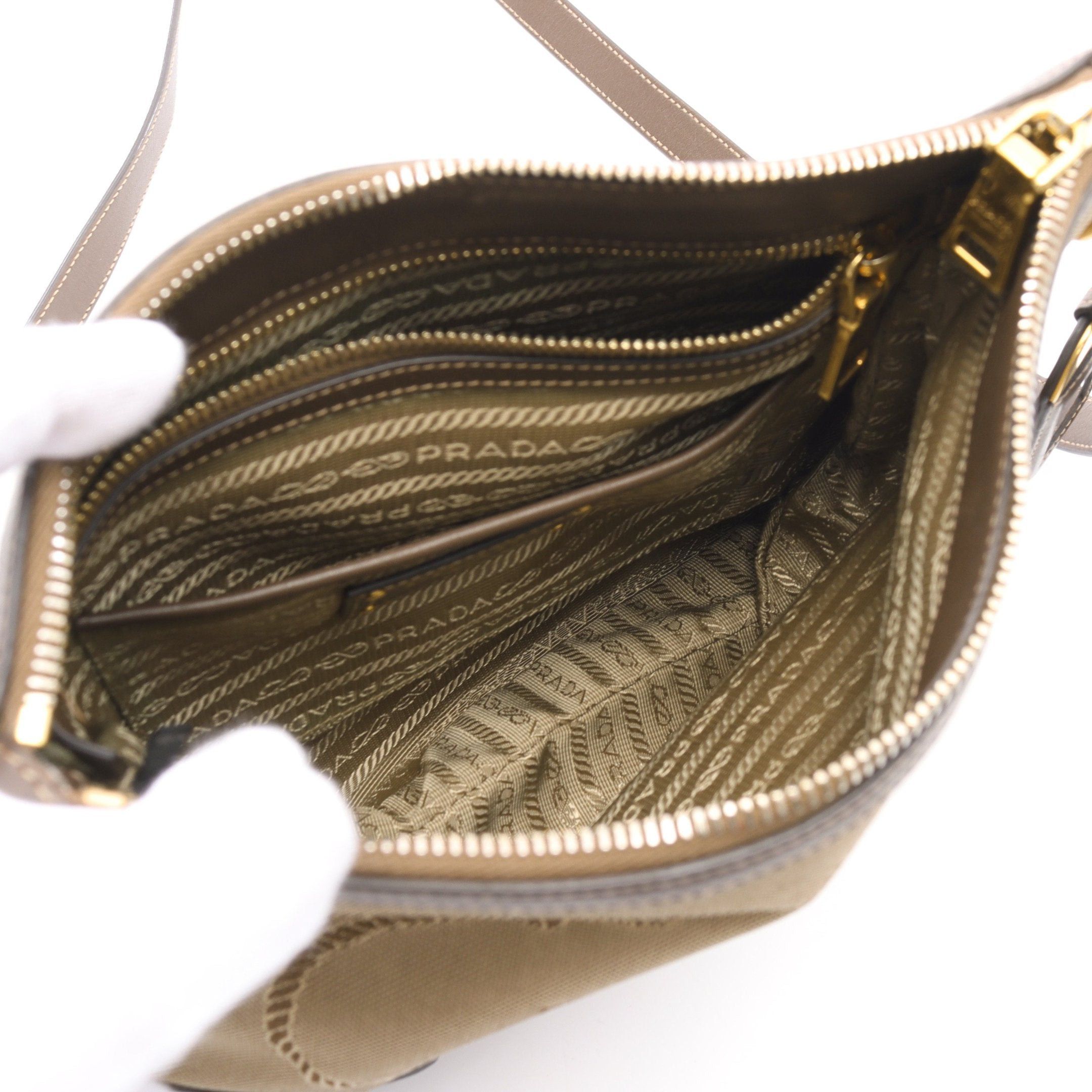 Prada Prada Logo Jacquard Shoulder Bag Canvas Leather Beige Dark Brown Size ONE SIZE - 3 Thumbnail