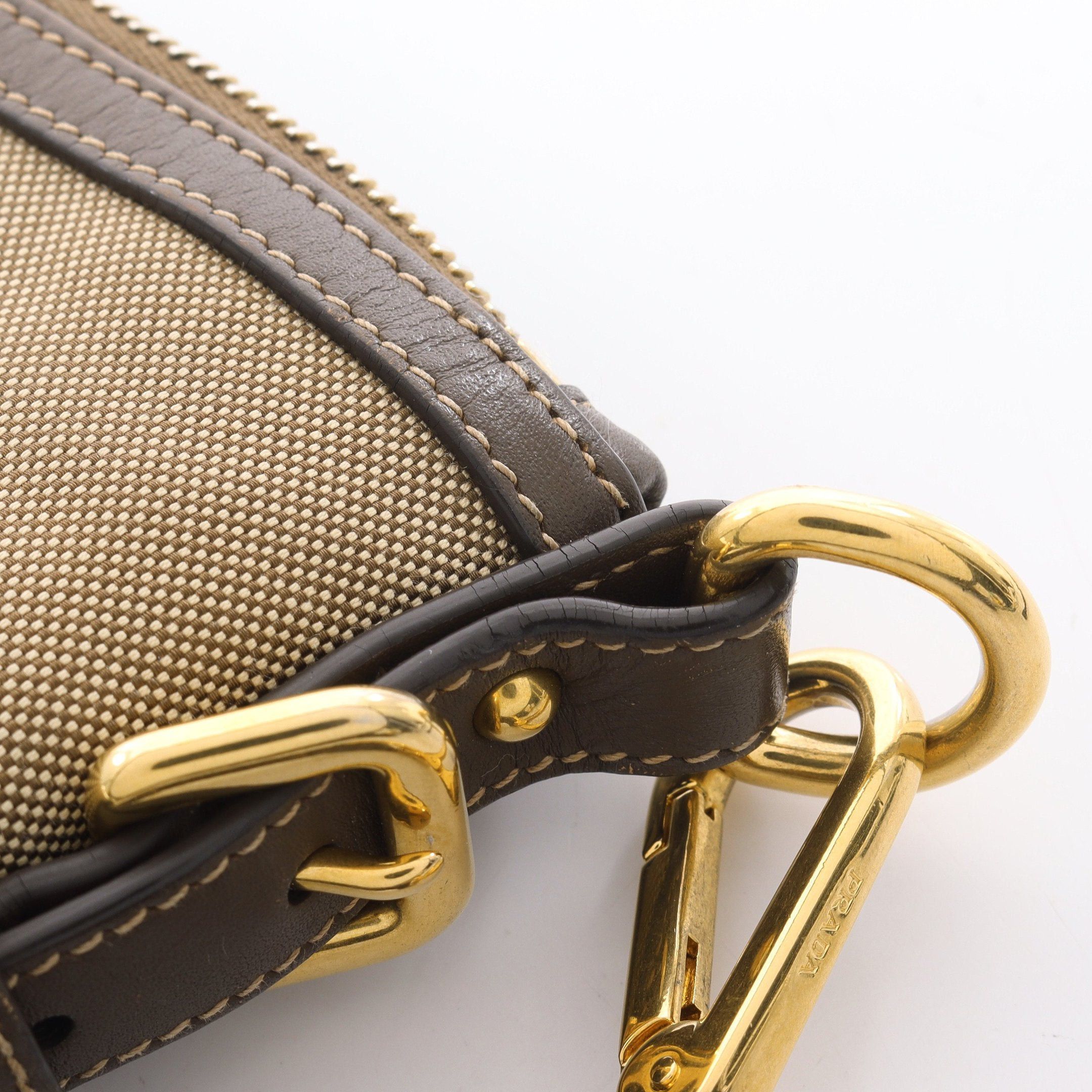Prada Prada Logo Jacquard Shoulder Bag Canvas Leather Beige Dark Brown Size ONE SIZE - 7 Thumbnail