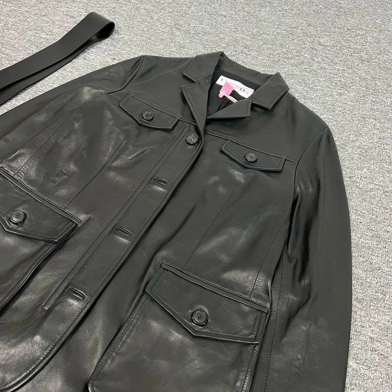 Dior Dior Black Leather Coat with Belt Size L / US 10 / IT 46 - 2 Thumbnail
