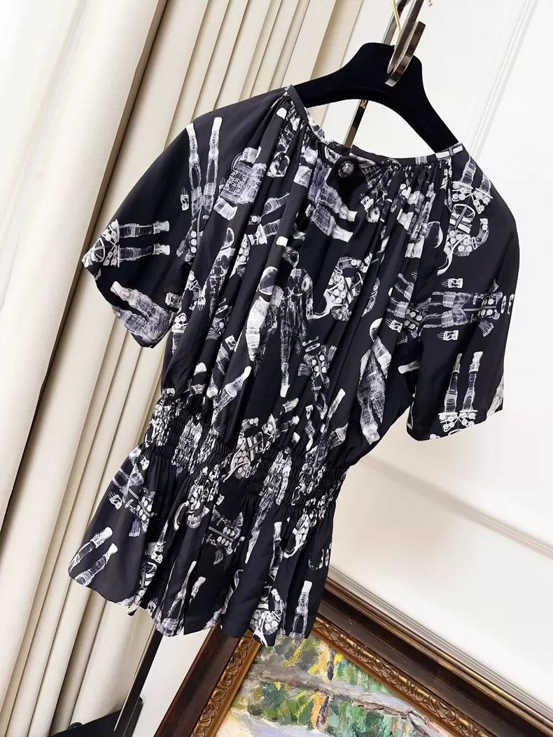 Chanel Chanel Black Printed Silk Short Sleeve Top Size XS / US 0-2 / IT 36-38 - 2 Thumbnail