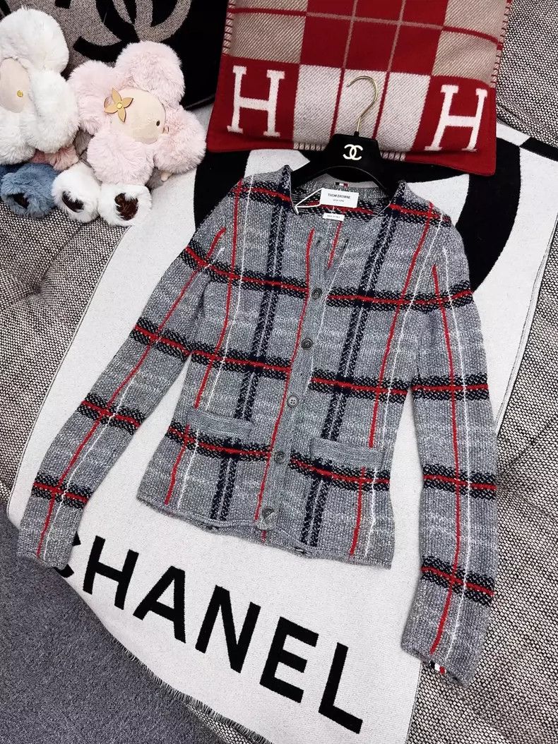 Thom Browne Grey Knit Jacket with Red and Blue Plaid Size M / US 6-8 / IT 42-44 - 2 Thumbnail