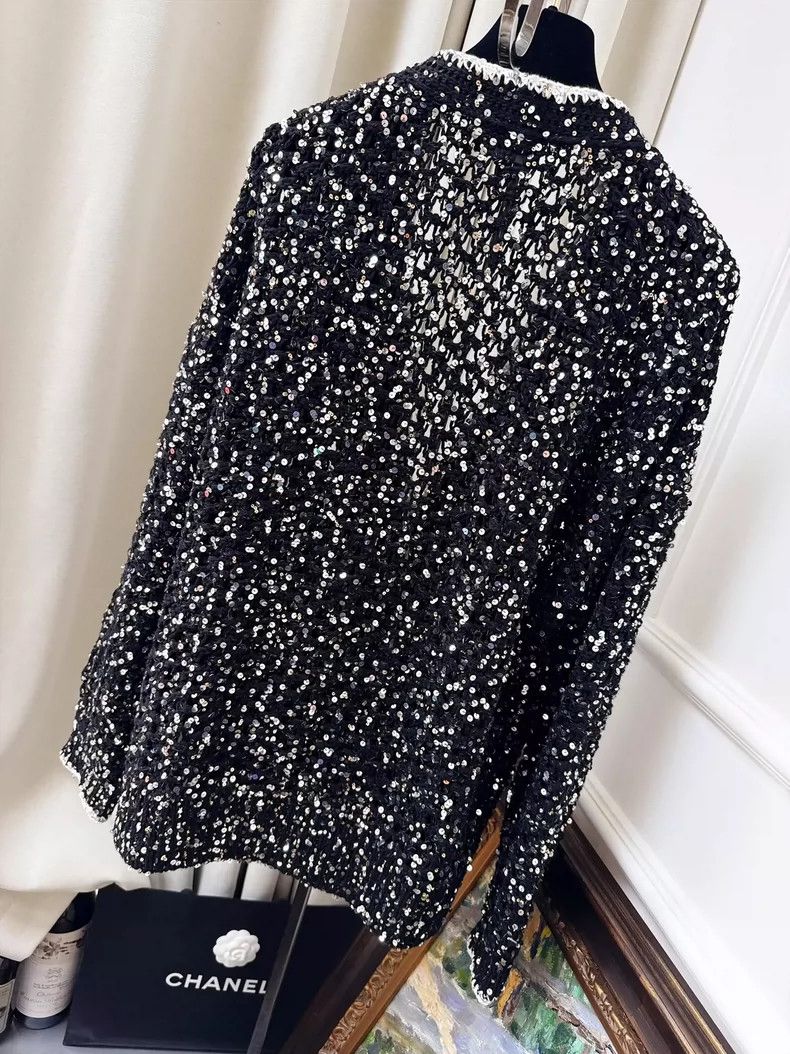 Chanel Chanel Black Sequin Knit Cardigan with White Trim Size S / US 4 / IT 40 - 7 Thumbnail