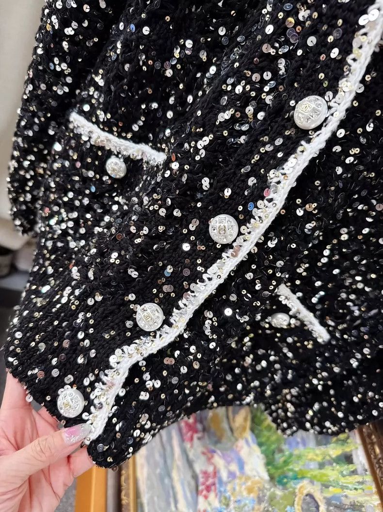 Chanel Chanel Black Sequin Knit Cardigan with White Trim Size S / US 4 / IT 40 - 8 Thumbnail