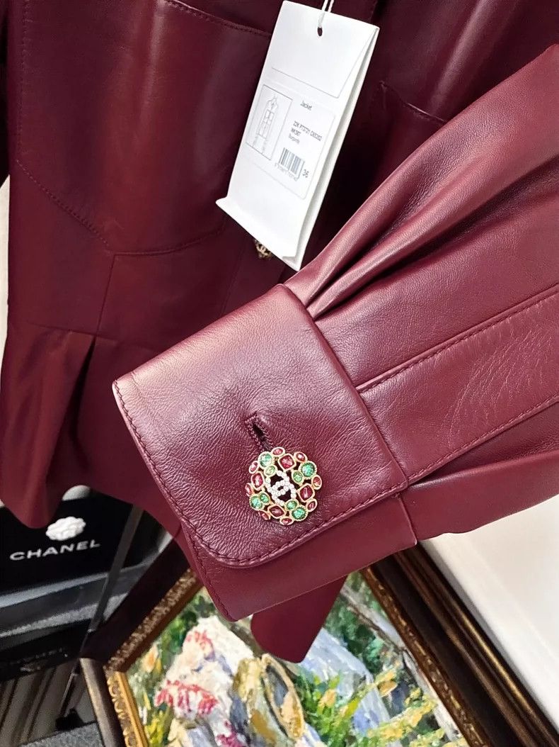 Chanel Chanel Burgundy Leather Jacket with Diamond Buttons Size S / US 4 / IT 40 - 3 Thumbnail