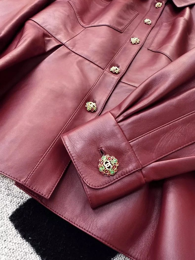 Chanel Chanel Burgundy Leather Jacket with Diamond Buttons Size S / US 4 / IT 40 - 4 Thumbnail