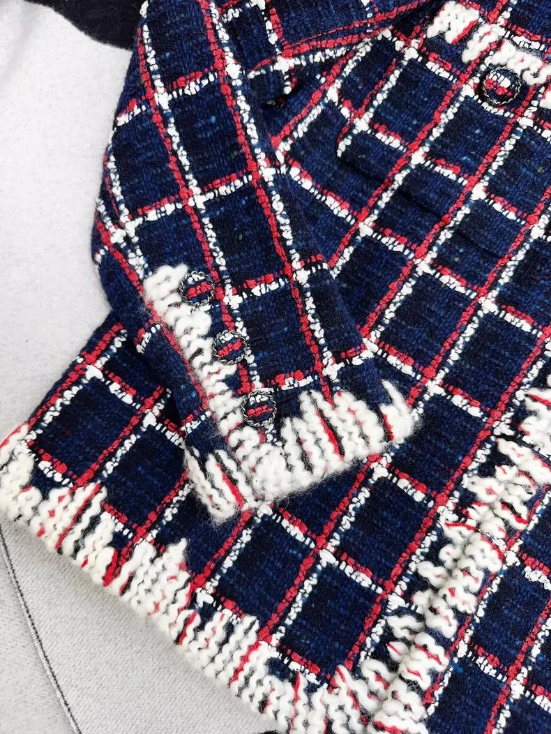 Chanel Chanel Long Sleeve Checked Coat in Navy Red Size M / US 6-8 / IT 42-44 - 3 Thumbnail