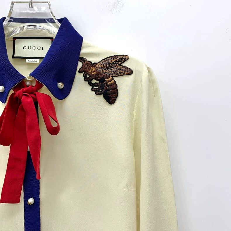 Gucci Gucci Beige Silk Long Sleeve Button-Up Shirt Size L / US 10 / IT 46 - 3 Thumbnail