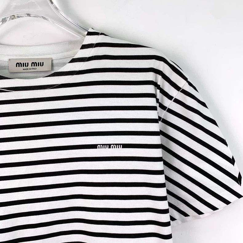 Miu Miu Miu Miu Striped Logo Cotton T-Shirt Size L / US 10 / IT 46 - 3 Thumbnail