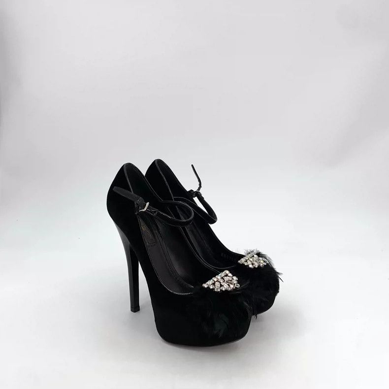 Louis Vuitton Black Fur Trimmed High Heels with Diamonds Size US 6 / IT 36 - 2 Thumbnail