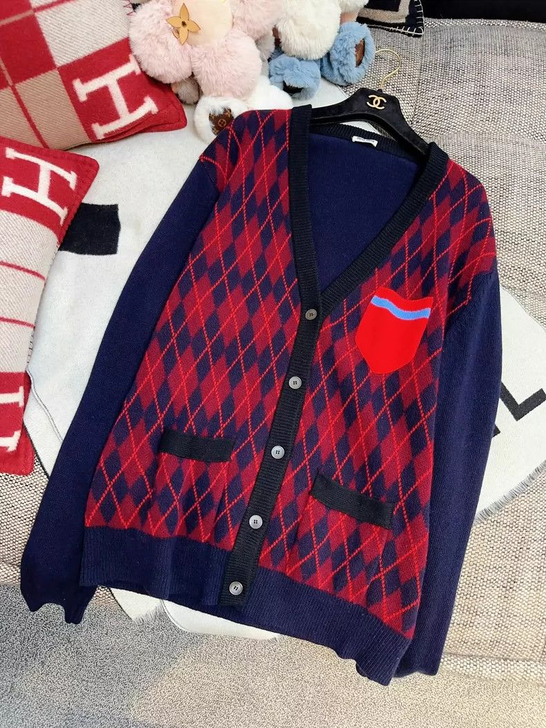 Prada Miu Miu Blue Red Argyle Knit Cardigan Size M / US 6-8 / IT 42-44 - 9 Thumbnail