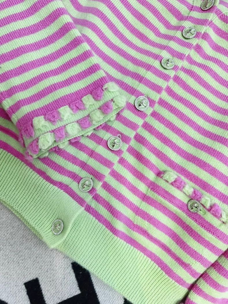 Chanel Chanel Striped Knit Cardigan in Pink Green Size M / US 6-8 / IT 42-44 - 3 Thumbnail