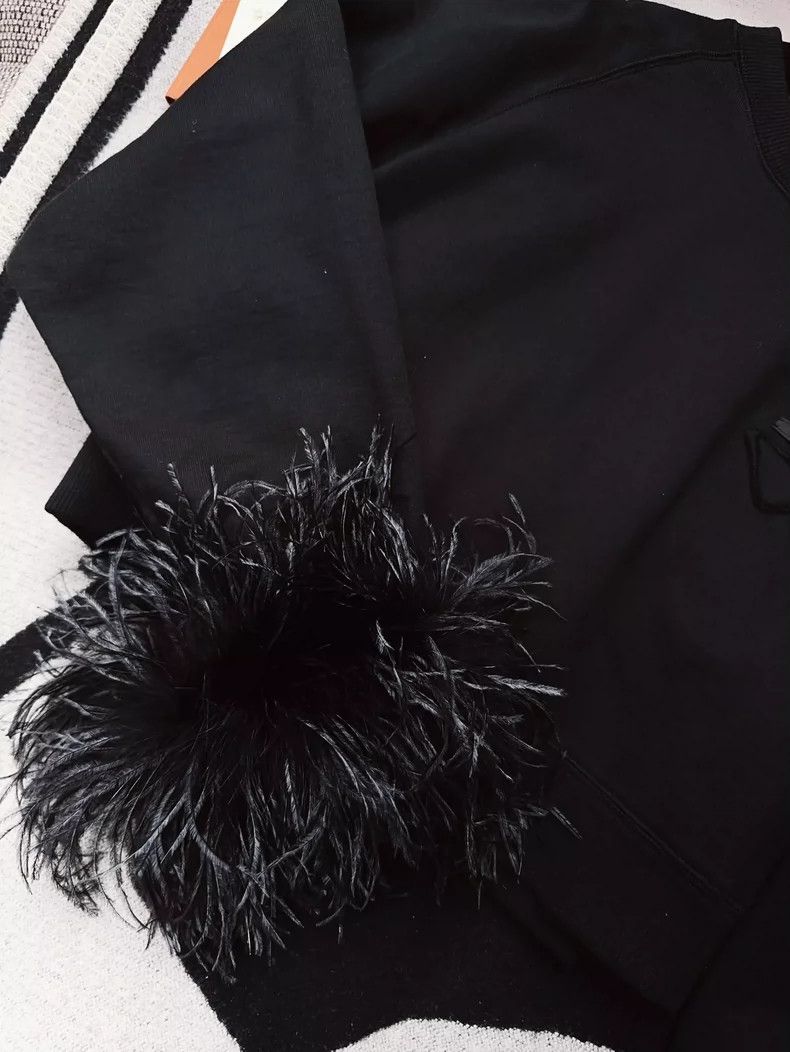 Prada Black Sweatshirt with Ostrich Feather Cuffs Size L / US 10 / IT 46 - 5 Thumbnail