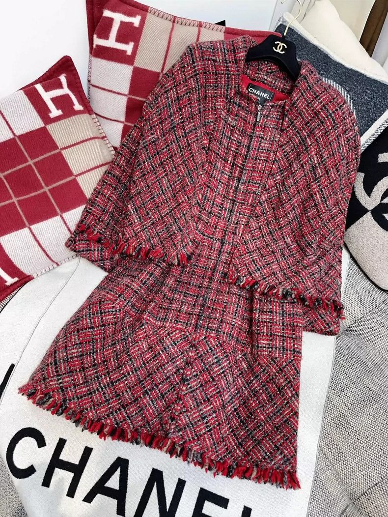 Chanel Chanel Red Tweed Mid-Length Coat Outerwear Size L / US 10 / IT 46 - 3 Thumbnail