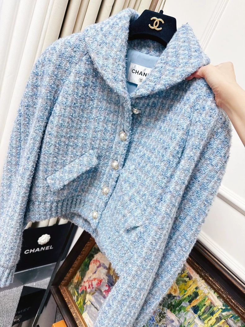 Chanel Chanel Blue Tweed Short Jacket with Pearls Size L / US 10 / IT 46 - 8 Thumbnail