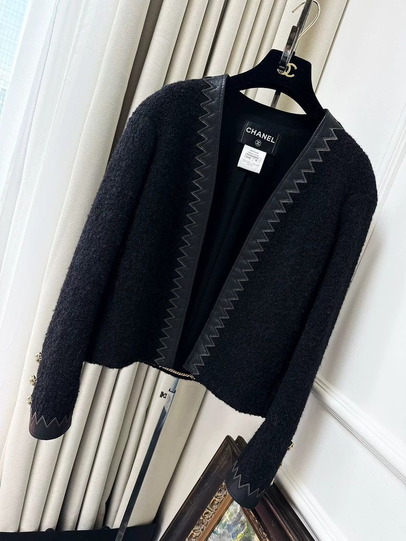 Chanel Chanel Black Wool Blend Jacket with Leather Trim Size L / US 10 / IT 46 - 7 Thumbnail