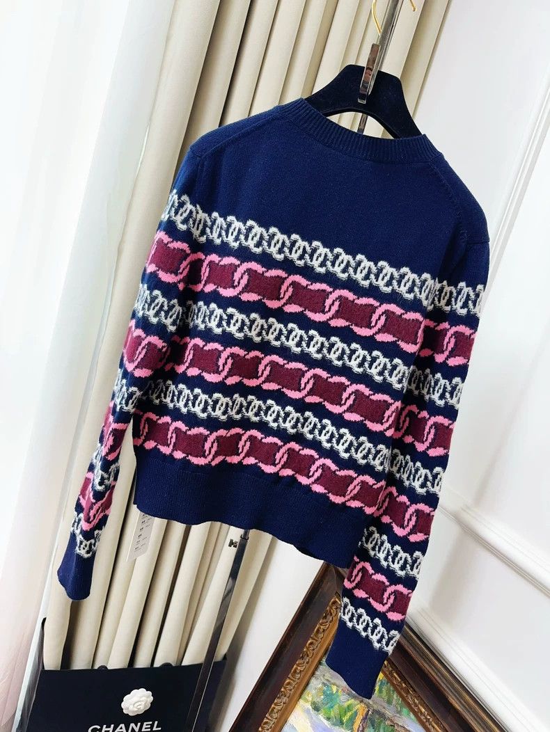 Chanel Chanel Striped Logo Cashmere Cardigan Navy Blue Size S / US 4 / IT 40 - 2 Thumbnail