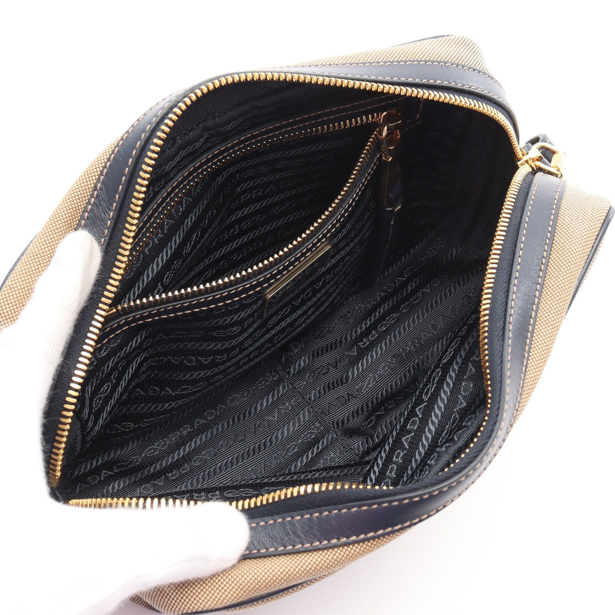 Prada Prada Logo Jacquard Shoulder Bag Canvas Leather Beige Navy Size ONE SIZE - 3 Thumbnail