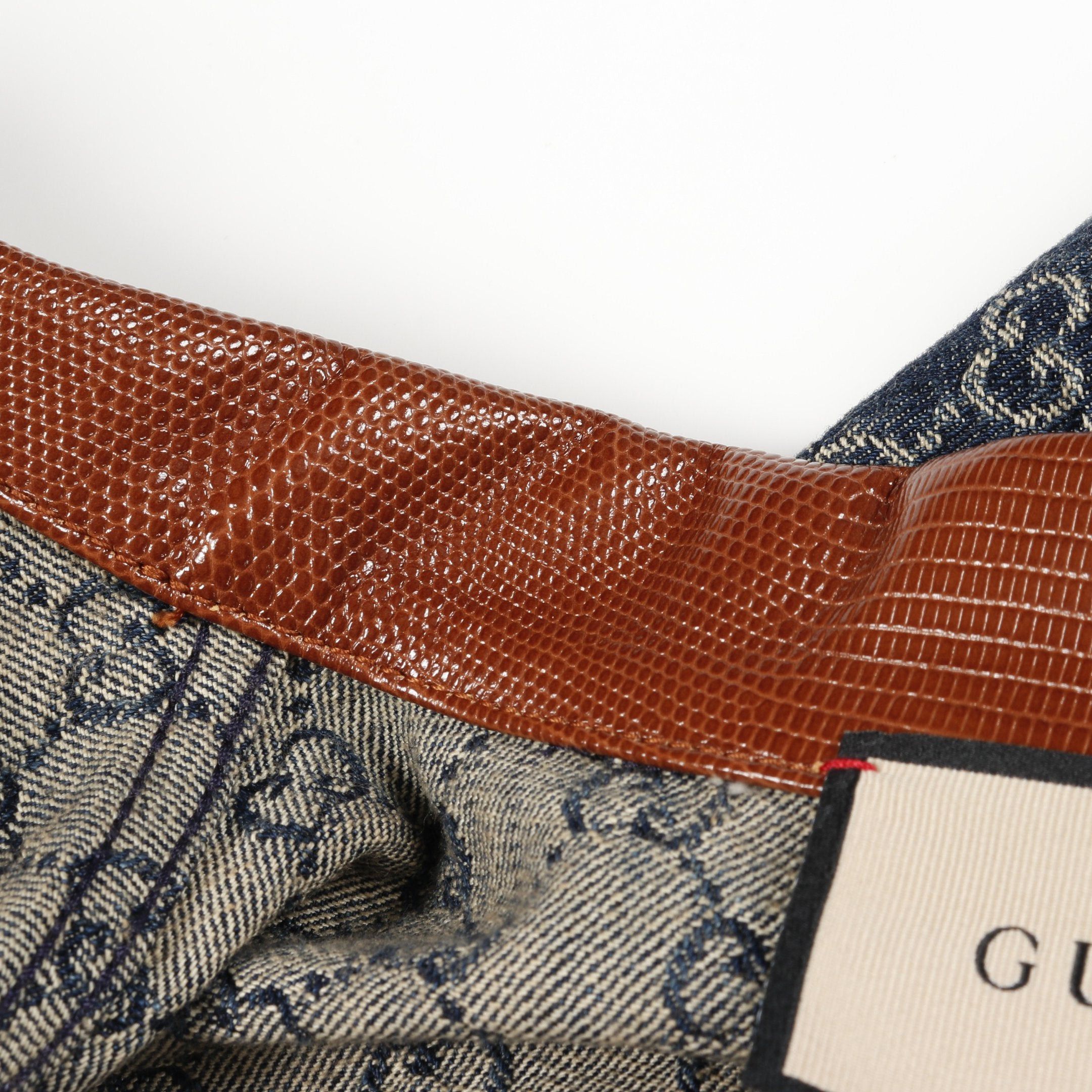 Gucci Gucci Gg Pattern Denim Jacket Cotton Indigo Blue Brown Leather Color-Block Lizard Embossed Size ONE SIZE - 8 Thumbnail