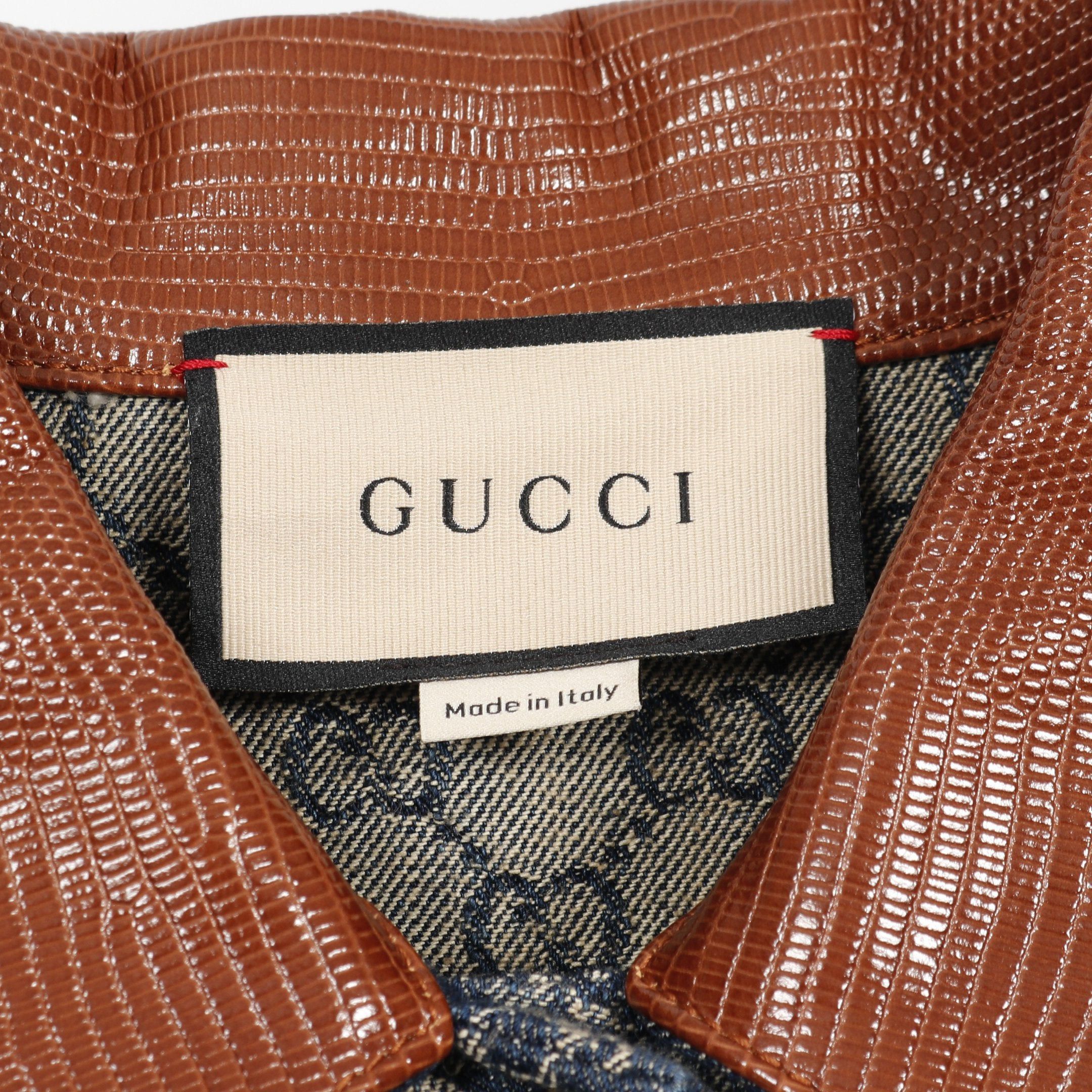 Gucci Gucci Gg Pattern Denim Jacket Cotton Indigo Blue Brown Leather Color-Block Lizard Embossed Size ONE SIZE - 3 Thumbnail
