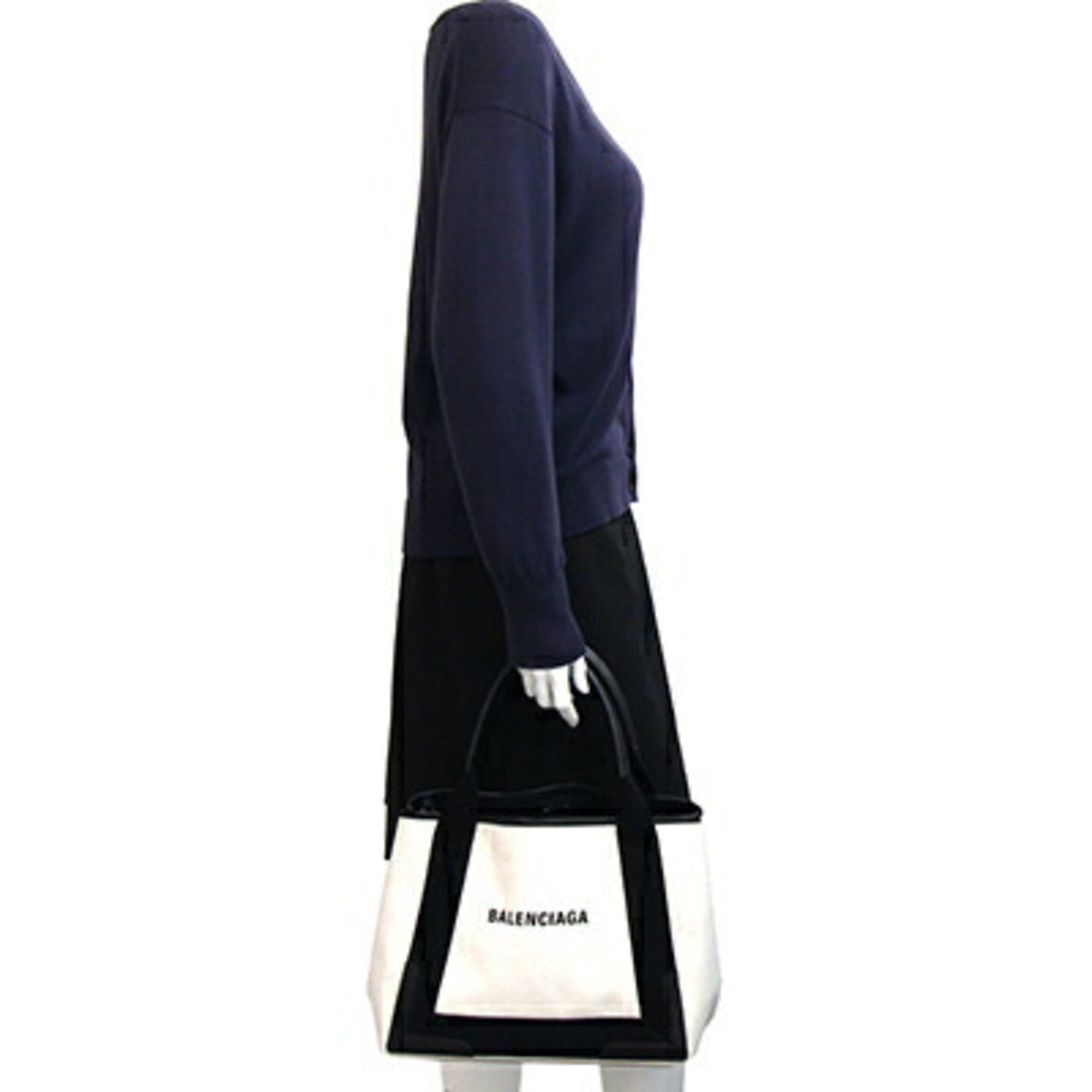 Balenciaga Tote Bag Navy Cabas Small 339933 Ivory Black Canvas Leather Handbag Women's BALENCIAGA