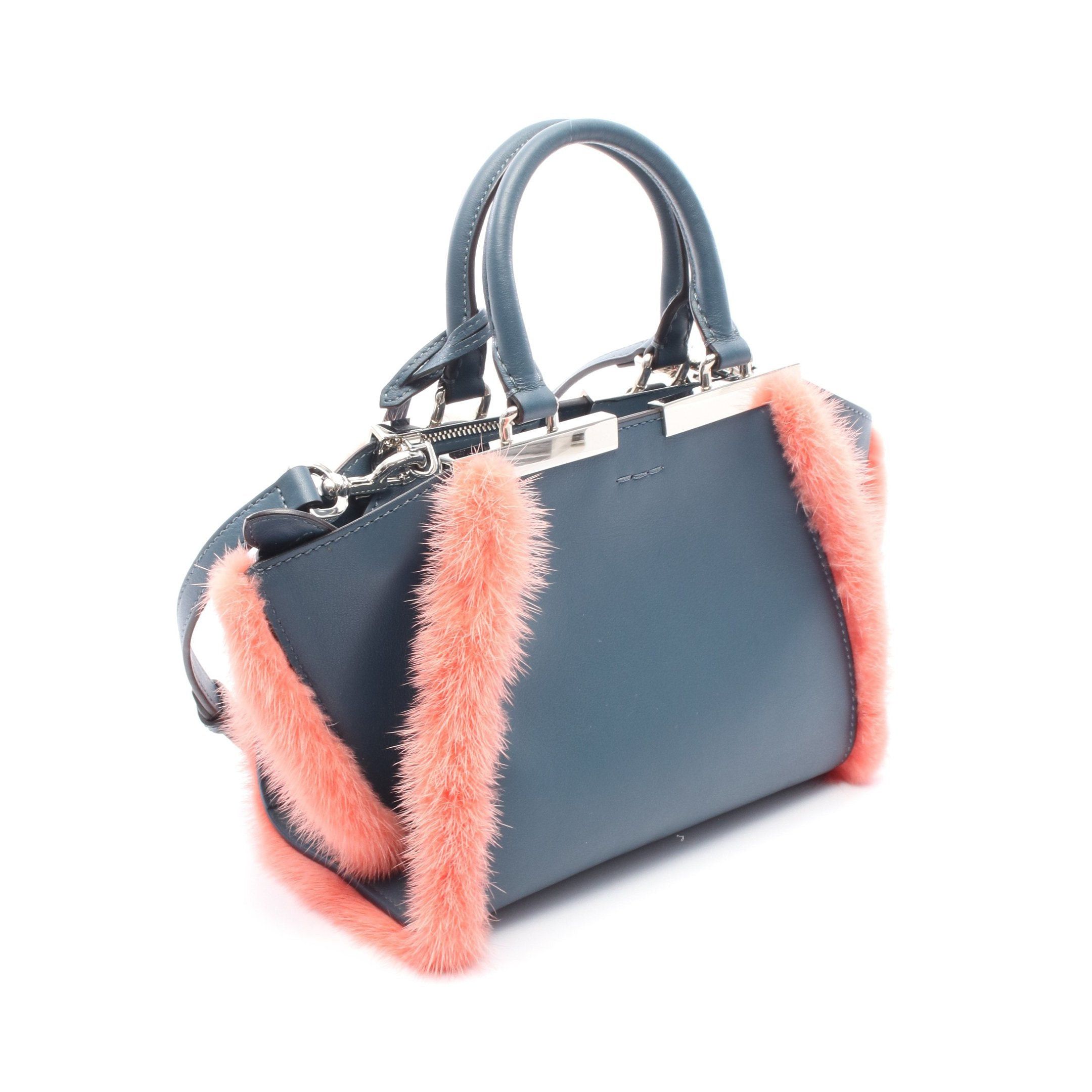 Fendi Fendi Mini Troisours Handbag Leather Fur Blue Coral Pink Size ONE SIZE - 2 Thumbnail
