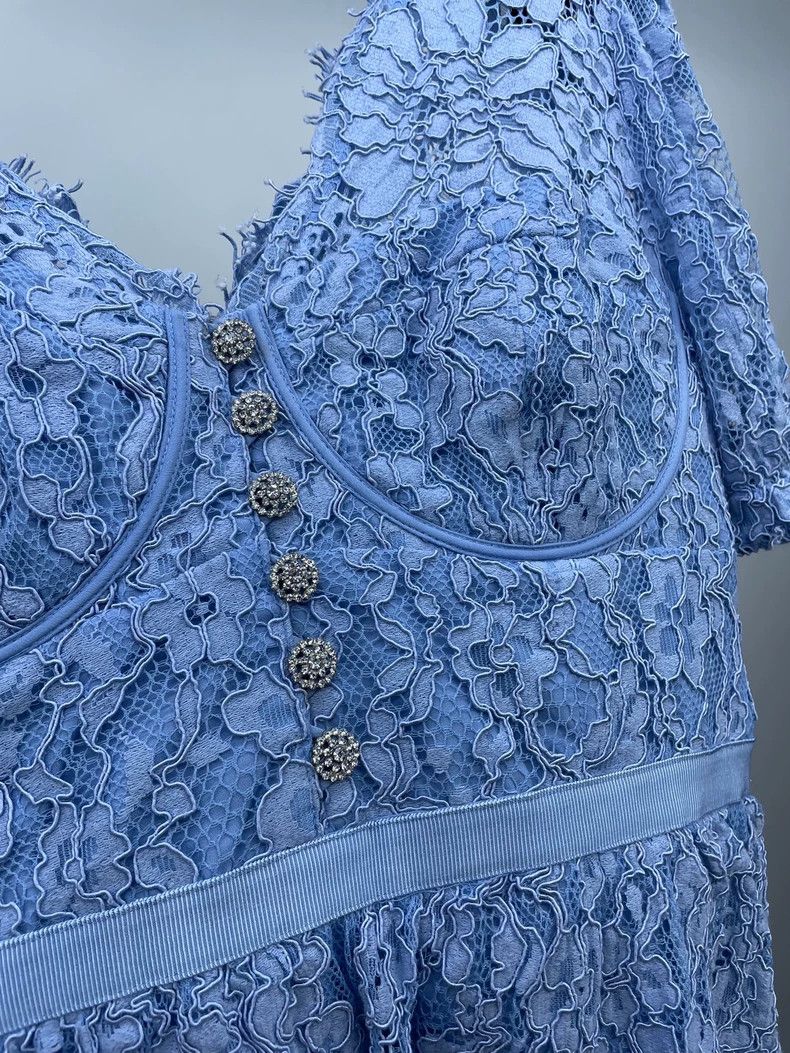 Anonymous Club Light Blue Lace Puff Sleeve Dress Size L / US 10 / IT 46 - 3 Thumbnail