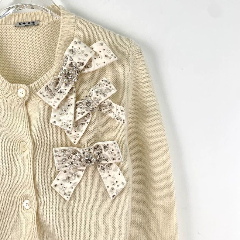 Miu Miu MiuMiu Beige Bow-Detail Cashmere Cardigan Size S / US 4 / IT 40 - 3 Thumbnail