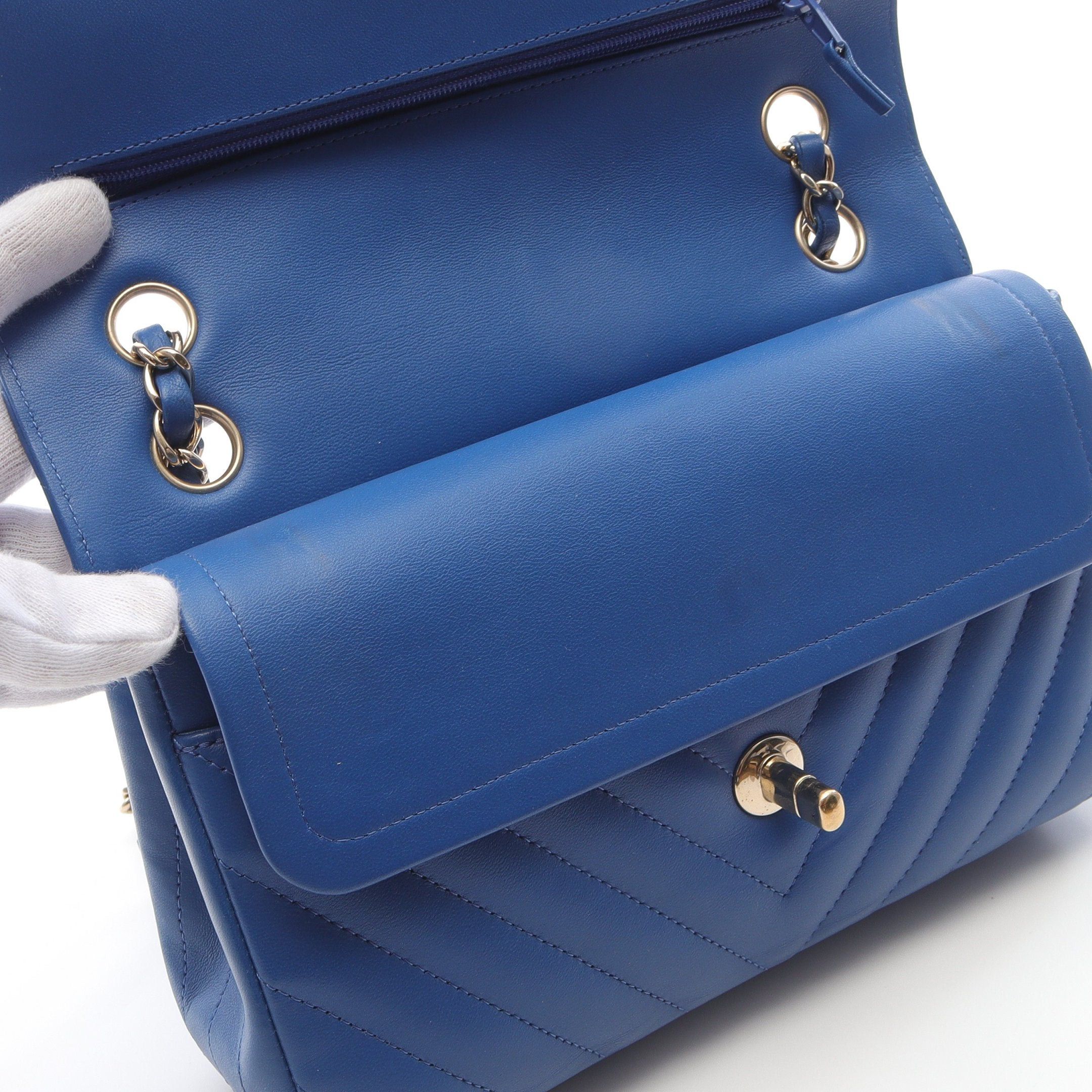 Chanel Chanel Chevron V-Stitch Double Flap Chain Shoulder Bag Lambskin Blue Gold Hardware Size ONE SIZE - 11 Thumbnail