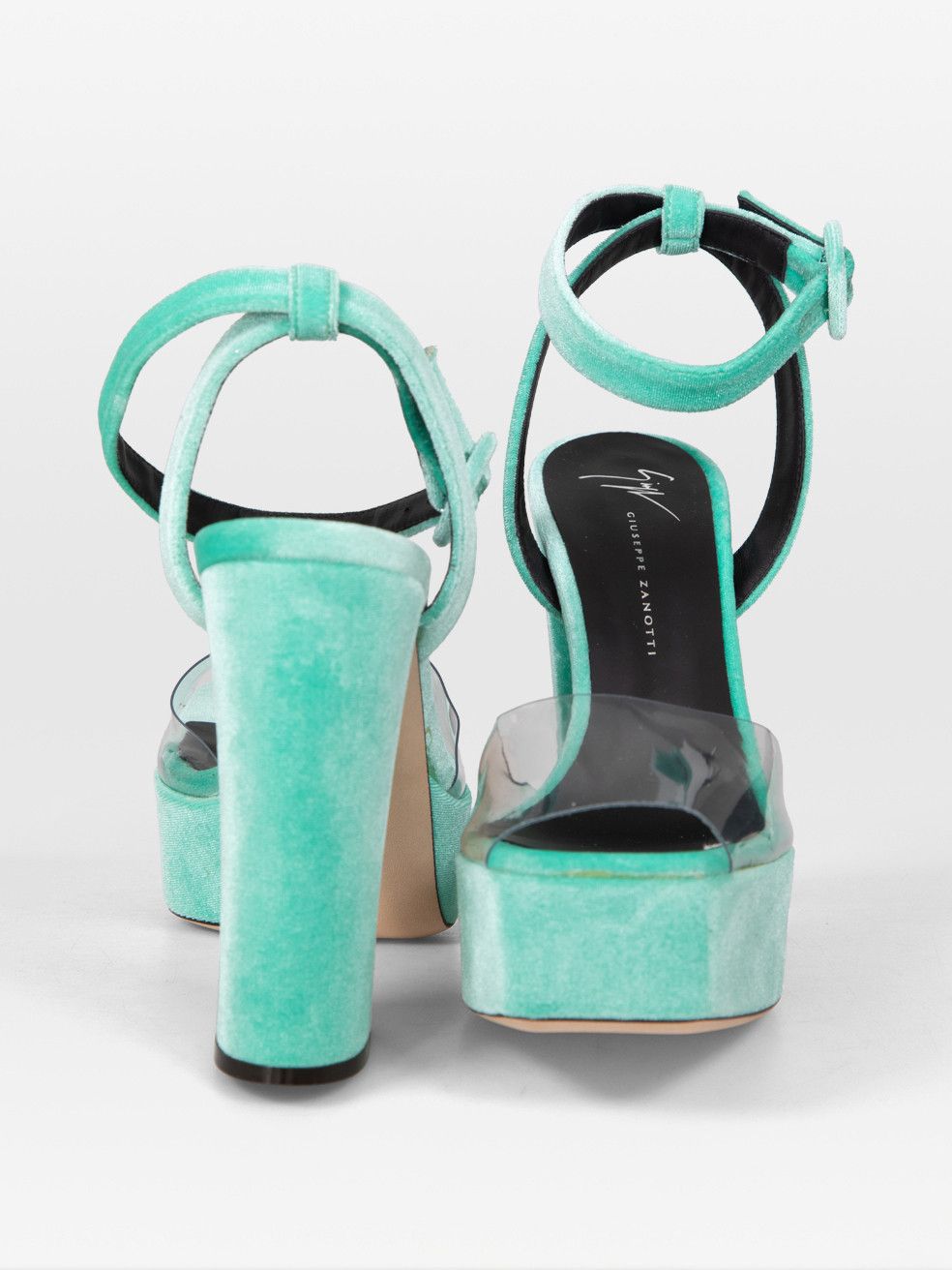 Giuseppe Zanotti Light Blue Velvet New Betty Plexi Heels Size US 7.5 / IT 37.5 - 3 Thumbnail