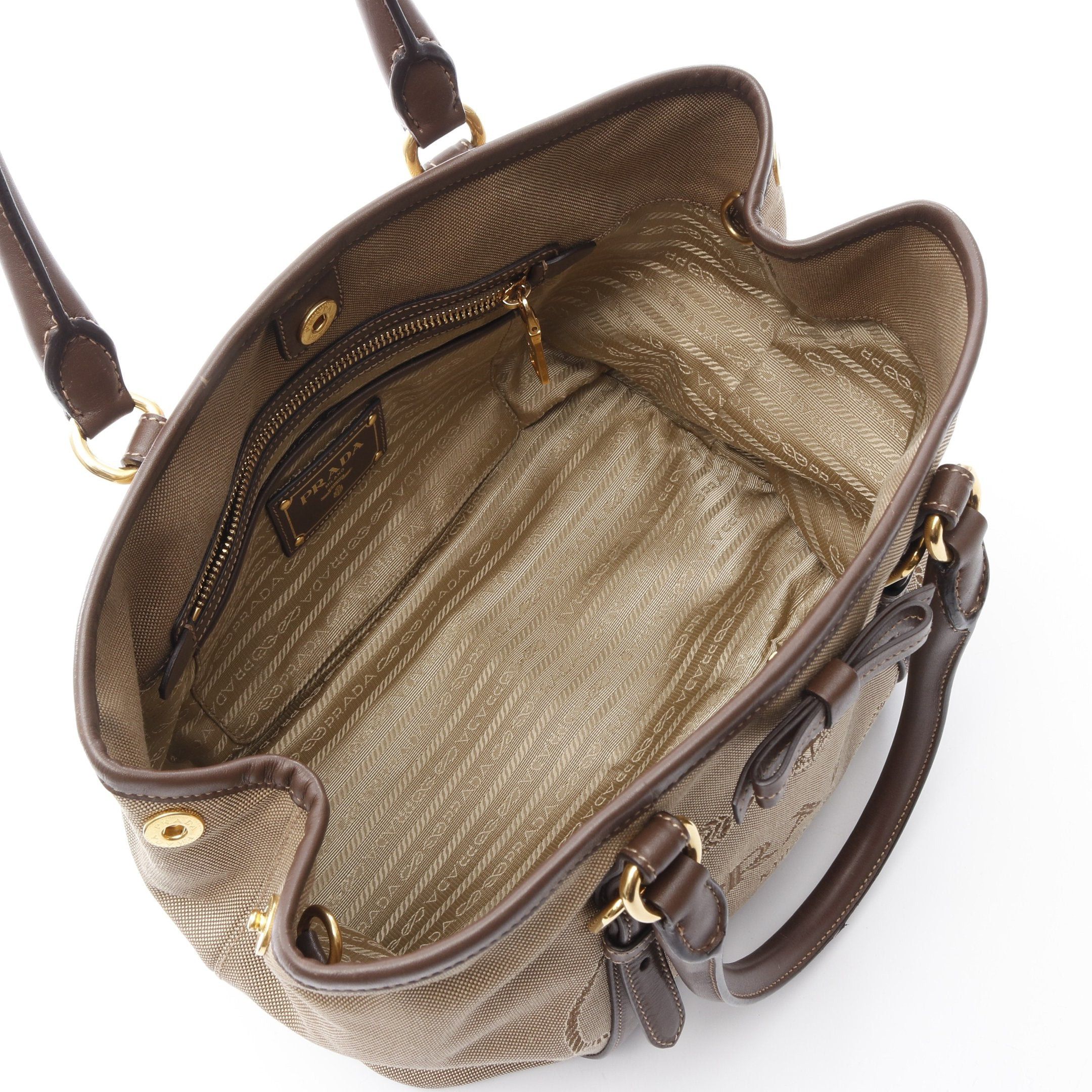 Prada Prada Logo Jacquard Handbag Tote Bag Canvas Leather Beige Brown Size ONE SIZE - 3 Thumbnail