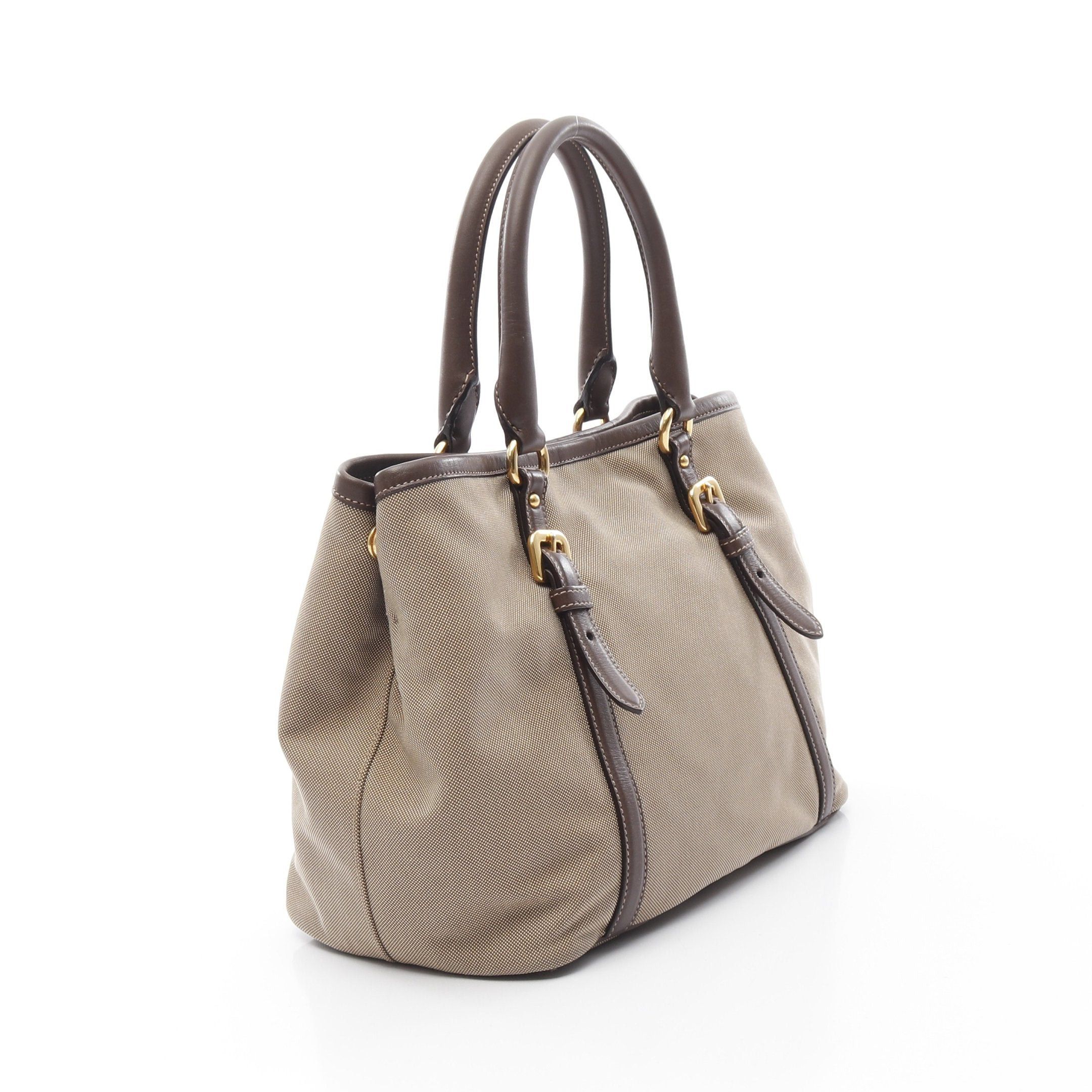 Prada Prada Logo Jacquard Handbag Tote Bag Canvas Leather Beige Brown Size ONE SIZE - 2 Thumbnail