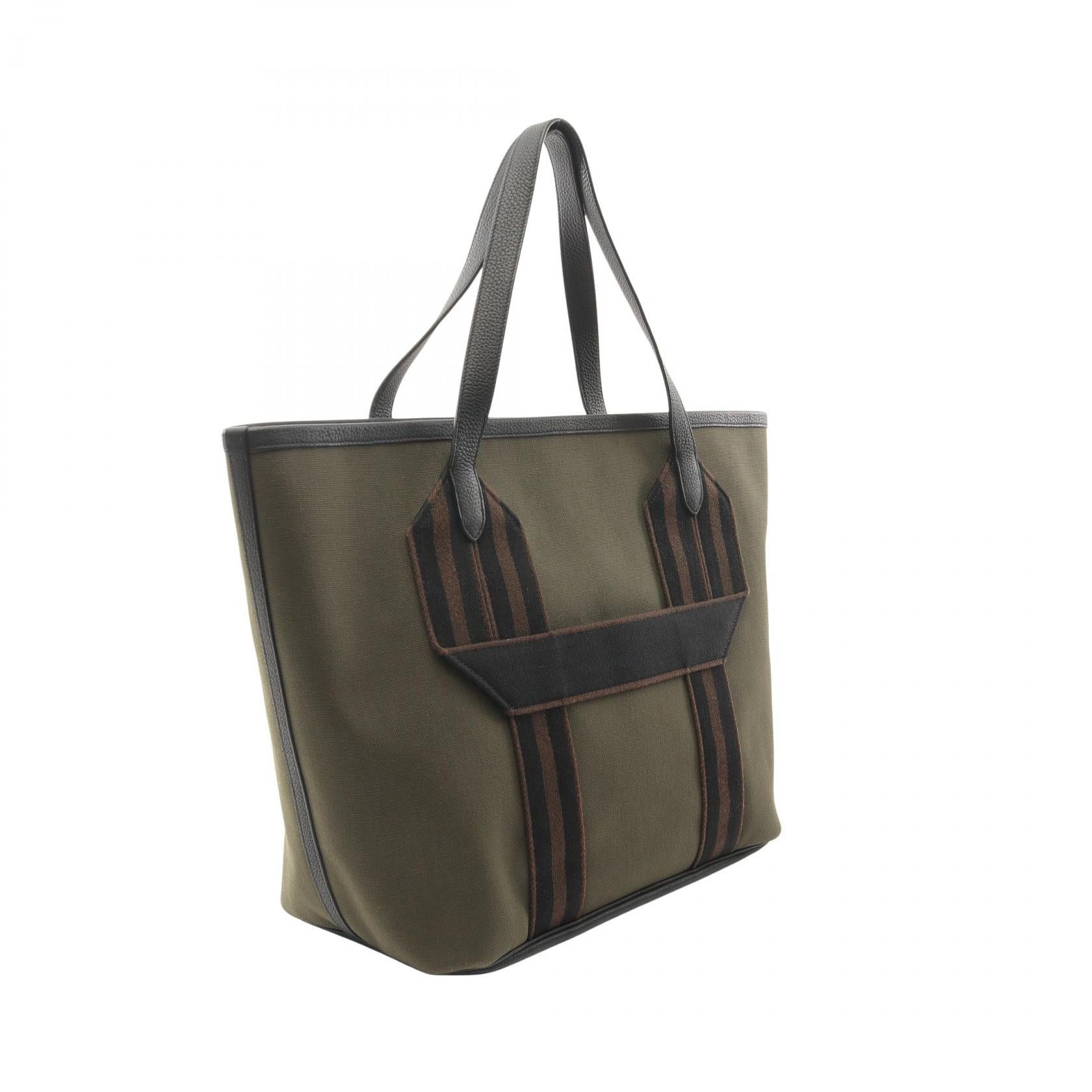 Hermes Hermes Parsangle Veil Bronze Noir Clemence Leather Shoulder Bag Tote Toile Military Khaki Green Black Silver Hardware U Stamp Size ONE SIZE - 2 Thumbnail