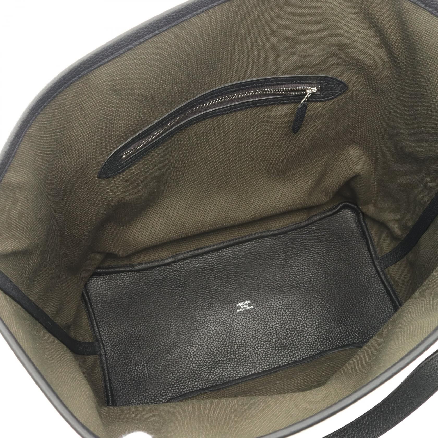 Hermes Hermes Parsangle Veil Bronze Noir Clemence Leather Shoulder Bag Tote Toile Military Khaki Green Black Silver Hardware U Stamp Size ONE SIZE - 3 Thumbnail