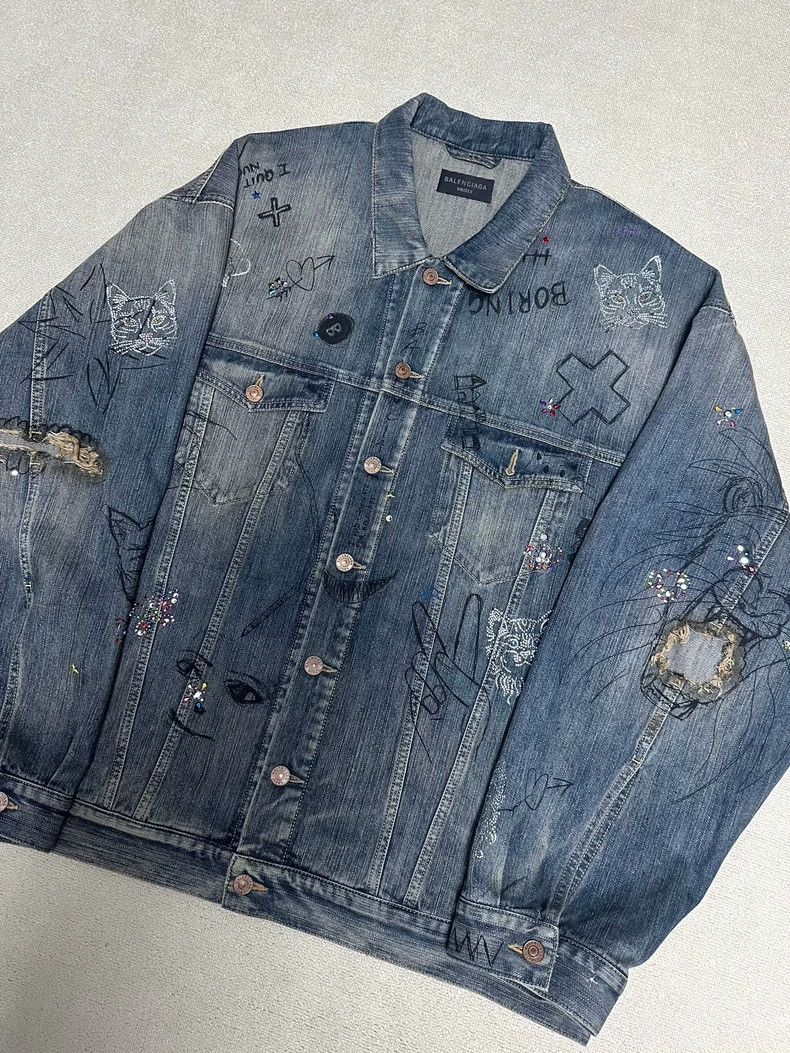 Balenciaga 23fw mud dyed rhinestone destroyed graffiti denim jacket