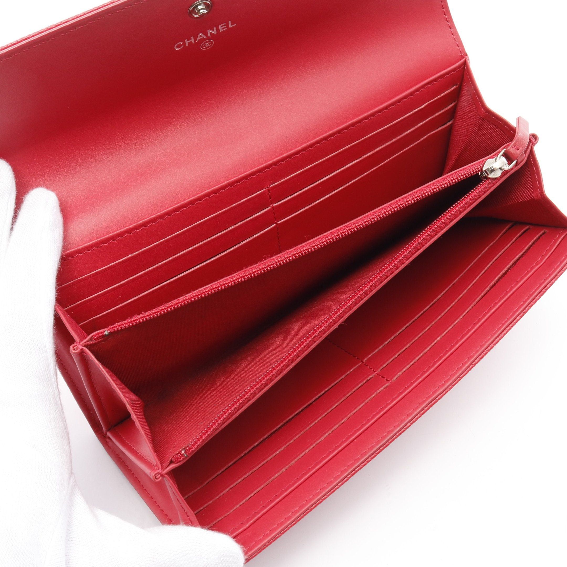 Chanel Chanel Coco Mark Bi-Fold Long Wallet Caviar Skin Red Silver Hardware Size ONE SIZE - 3 Thumbnail
