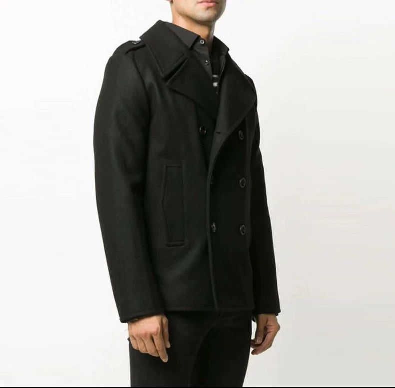 Yves Saint Laurent Black Wool Double-Breasted Coat with Leather Collar Size US XL / EU 56 / 4 - 7 Thumbnail