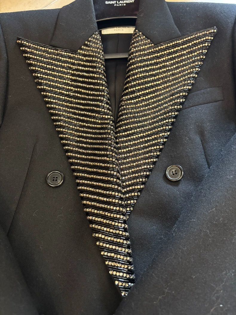 Saint Laurent Paris Stylish Black Wool Blazer with Beaded Collar Size US M / EU 48-50 / 2 - 2 Thumbnail