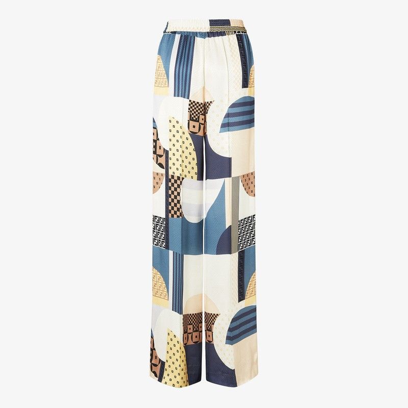 Fendi Fendi Blue Silk Trousers With Patchwork Print Size 27" / US 4 / IT 40 - 2 Thumbnail
