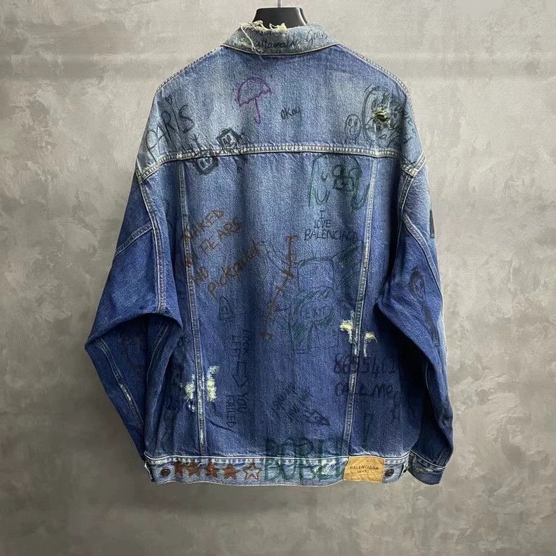 Balenciaga Balenciaga Blue Graffiti Logo Denim Jacket Size US M / EU 48-50 / 2 - 2 Thumbnail