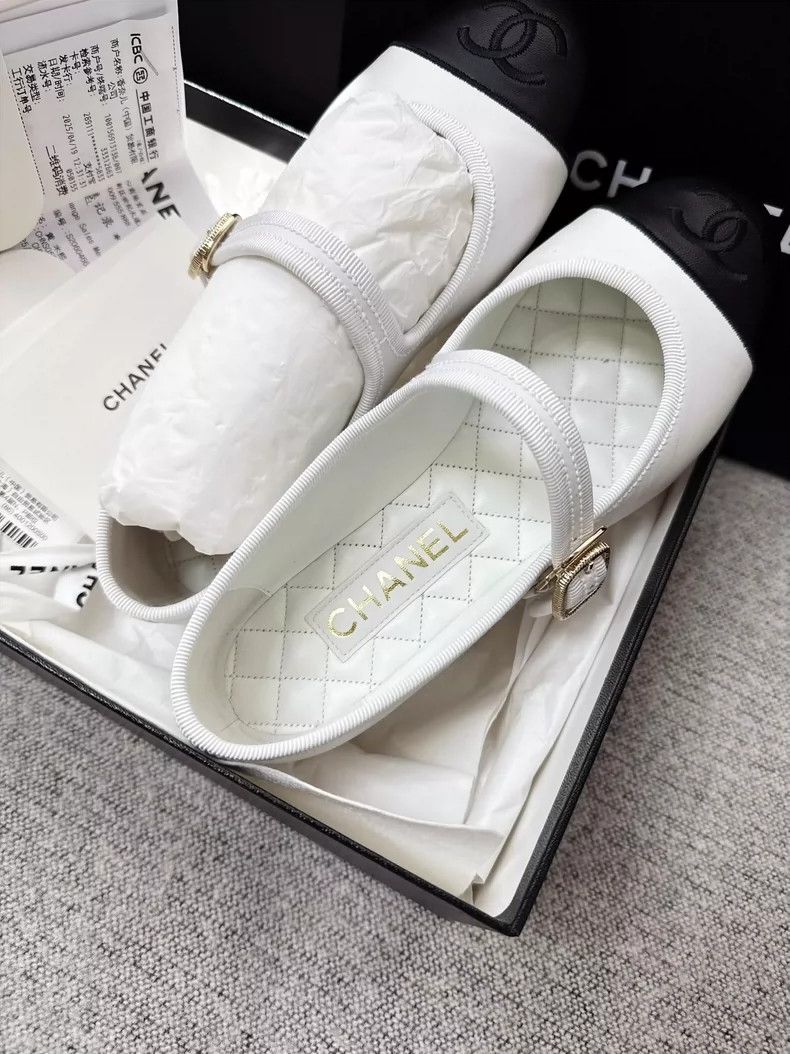 Chanel White and Black Mary Jane Flat Shoes
