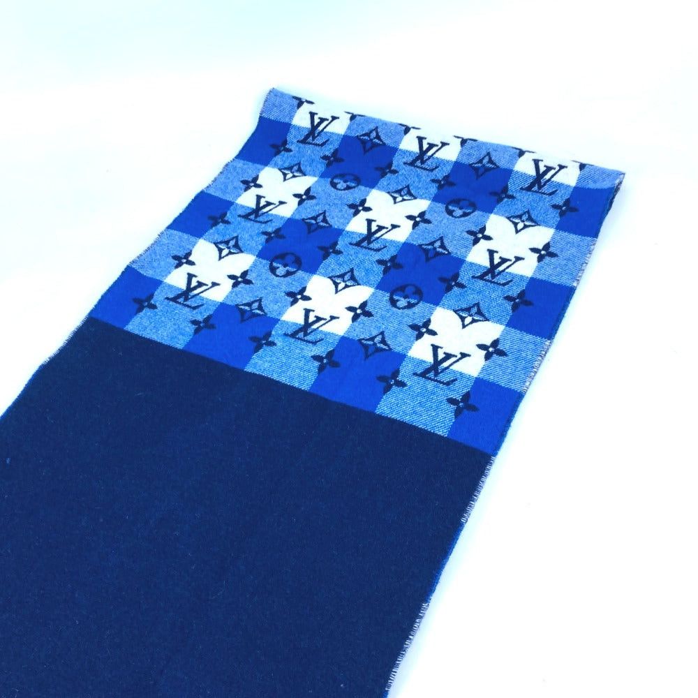 Louis Vuitton Louis Vuitton M76588 Shallp Monogram Check Block (Lump Of Something) Fringe Scarf Wool Women Blue Size ONE SIZE - 7 Thumbnail