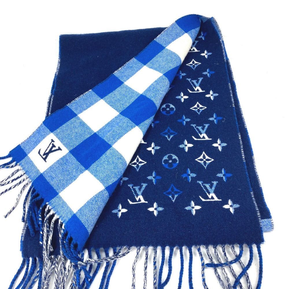 Louis Vuitton Louis Vuitton M76588 Shallp Monogram Check Block (Lump Of Something) Fringe Scarf Wool Women Blue Size ONE SIZE - 5 Thumbnail